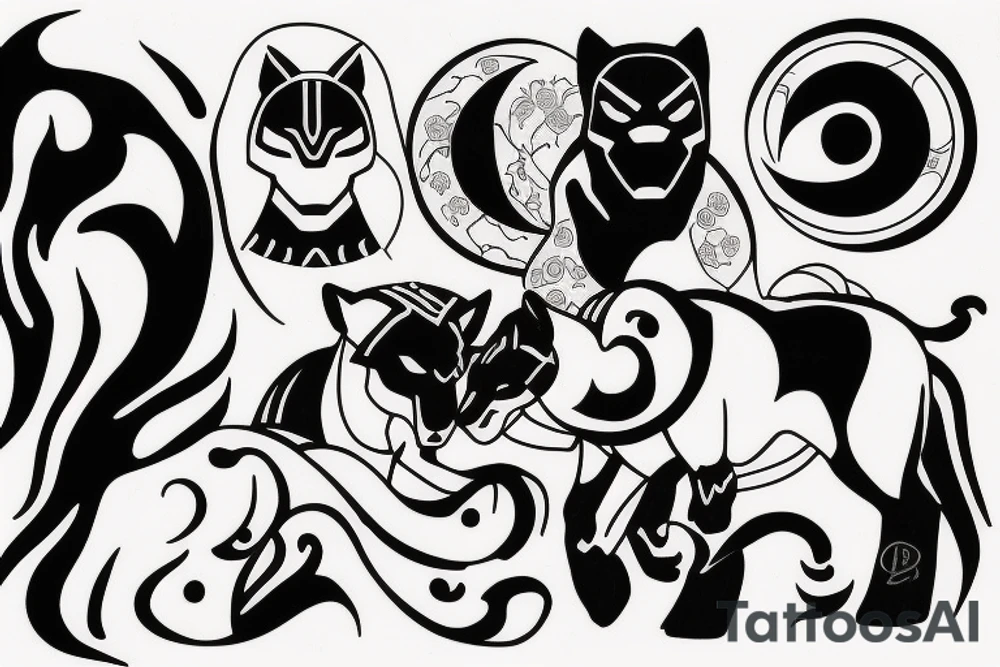 black panther and a white stallion in the shape of a yin and yang tattoo idea