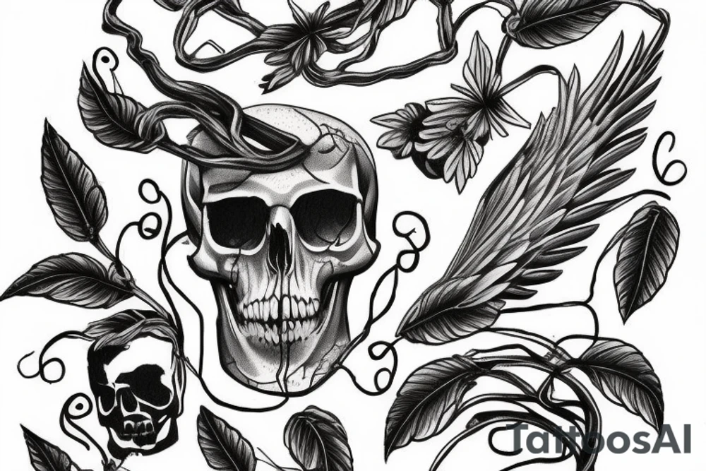 Bird skull with vines tattoo idea