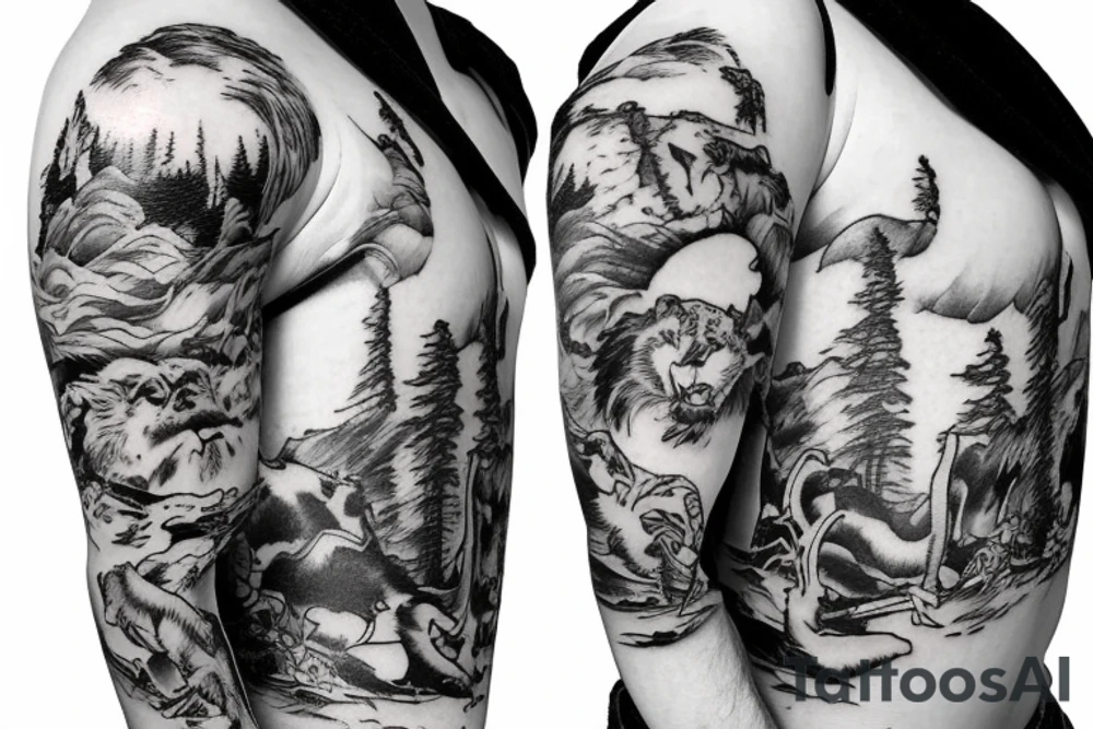 Huashan mountain with male lion and cross tattoo idea