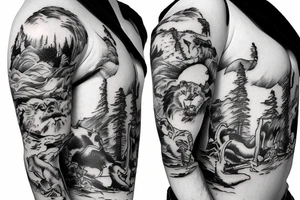 Huashan mountain with male lion and cross tattoo idea