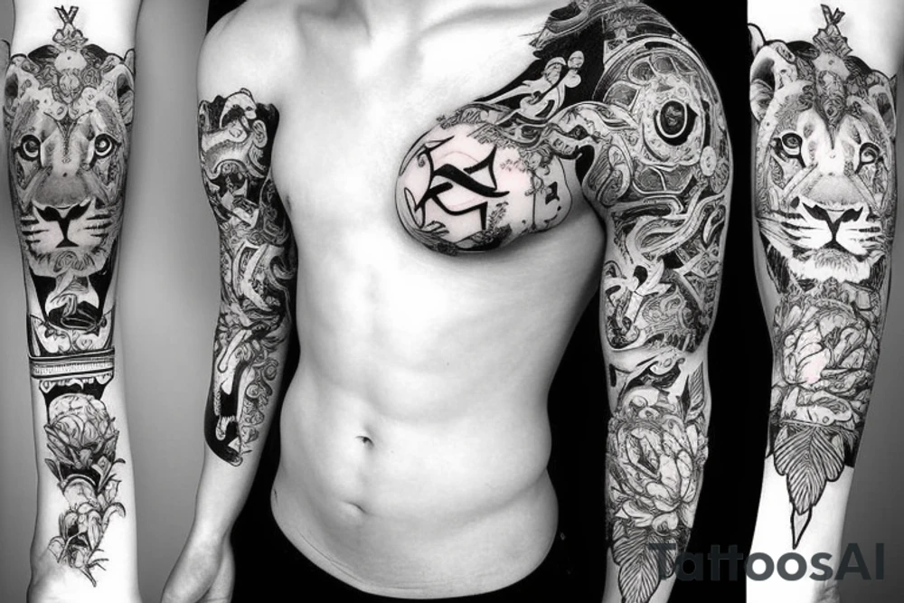 lotus mountain with male lion and cross tattoo idea