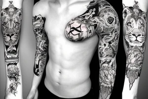 lotus mountain with male lion and cross tattoo idea