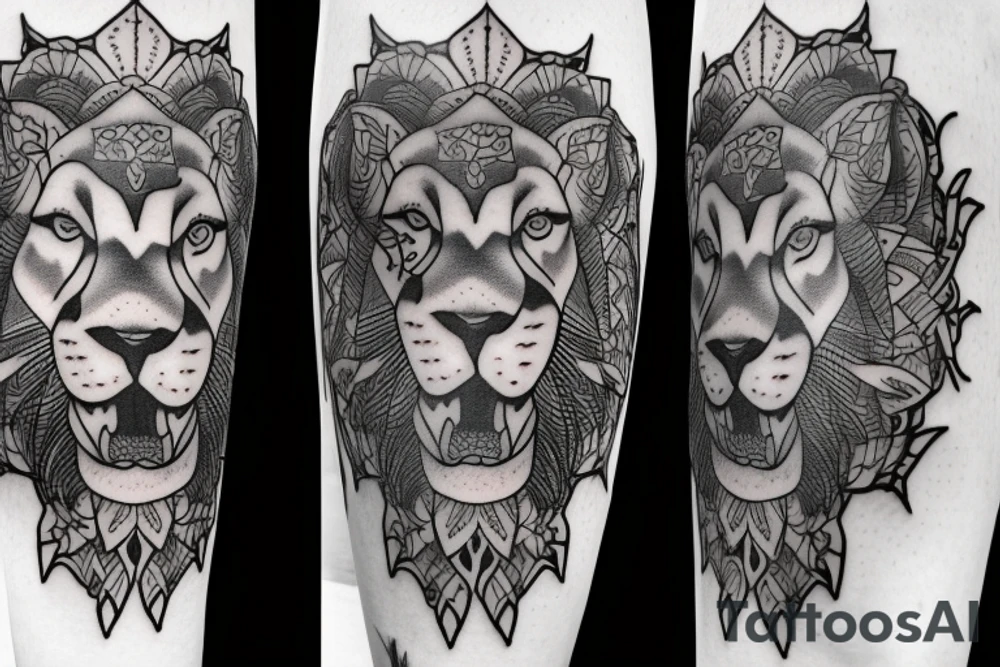 lotus mountain with male lion and cross tattoo idea
