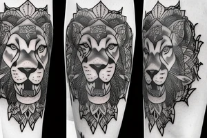 lotus mountain with male lion and cross tattoo idea