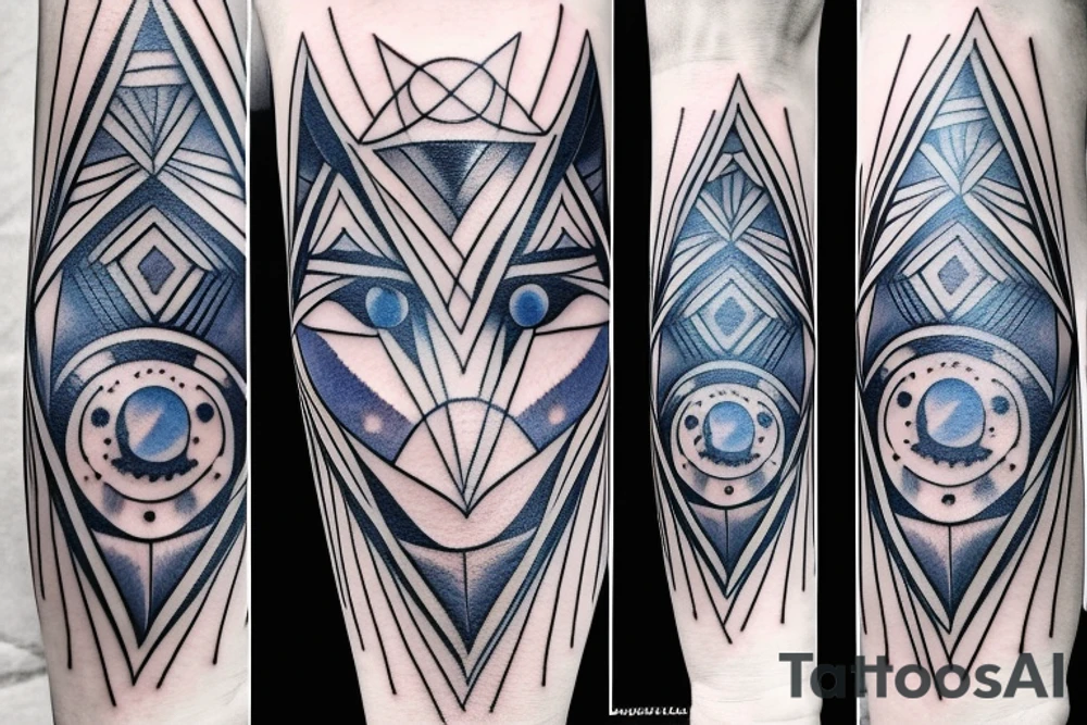 Wolf geometric blue eye moon tattoo idea
