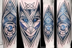 Wolf geometric blue eye moon tattoo idea