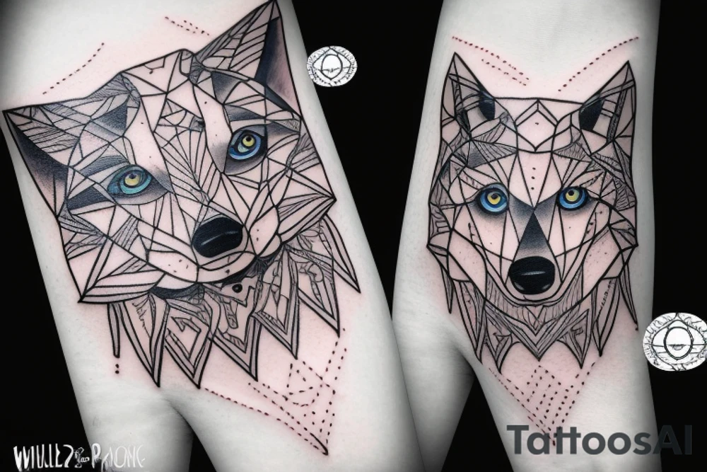 Wolf geometric blue eye moon tattoo idea