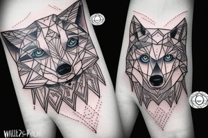 Wolf geometric blue eye moon tattoo idea
