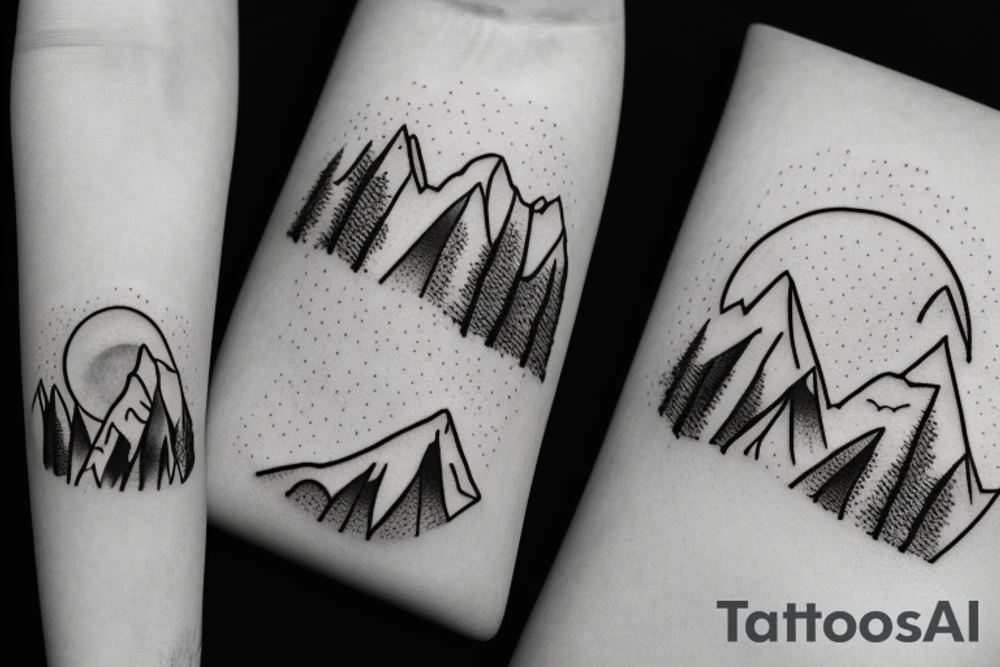 Black forest with mountains on the background with the setting sun tattoo idea