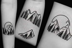 Black forest with mountains on the background with the setting sun tattoo idea