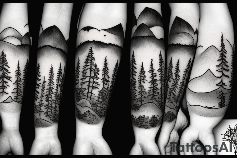 Black forest with mountains on the background with the setting sun tattoo idea Black forest with mountains on the background with the setting sun tattoo idea