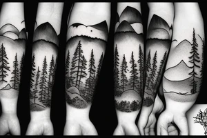 Black forest with mountains on the background with the setting sun tattoo idea