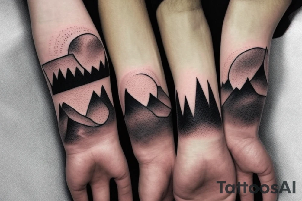 Black forest with mountains on the background with the setting sun on the wrist full hand tattoo idea