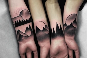 Black forest with mountains on the background with the setting sun on the wrist full hand tattoo idea