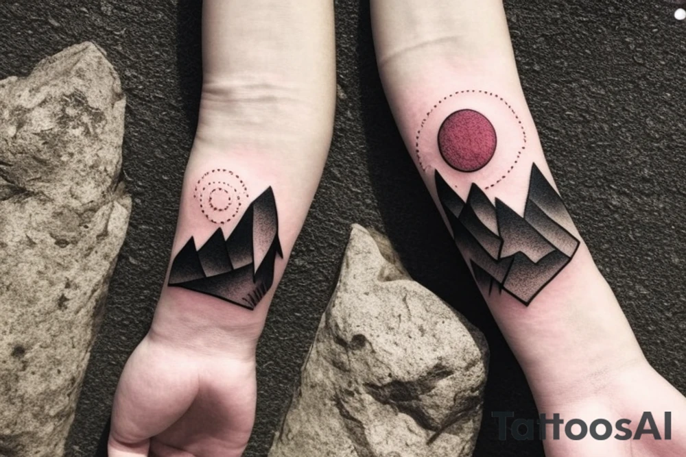 Black forest with mountains on the background with the setting sun on the wrist full hand tattoo idea