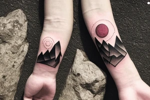 Black forest with mountains on the background with the setting sun on the wrist full hand tattoo idea