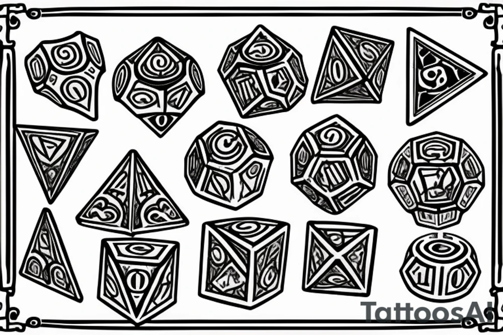 Dungeons and dragon dice set with "Put your fate in your hands. Take a chance. Roll the dice" tattoo idea