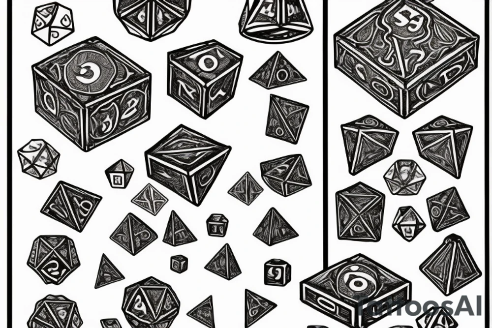 Dungeons and dragon dice set with "Put your fate in your hands. Take a chance. Roll the dice" tattoo idea