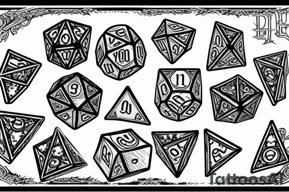 Dungeons and dragon dice set with "Put your fate in your hands. Take a chance. Roll the dice" in script tattoo idea