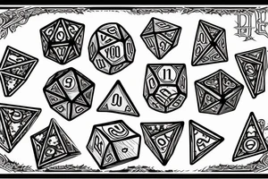 Dungeons and dragon dice set with "Put your fate in your hands. Take a chance. Roll the dice" in script tattoo idea