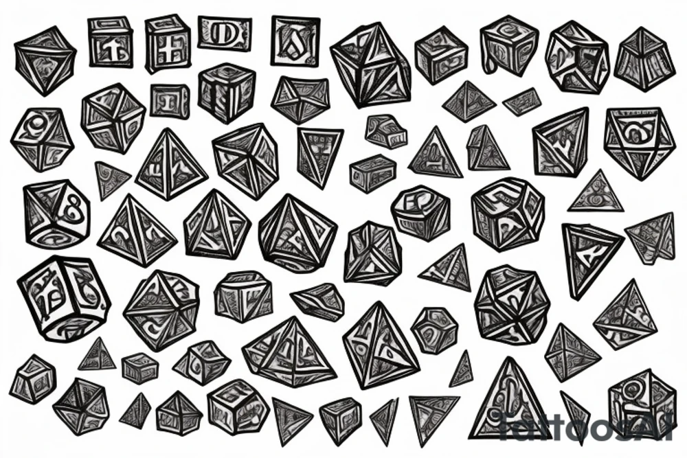 Dungeons and dragon dice set with "Put your fate in your hands. Take a chance. Roll the dice" in script tattoo idea