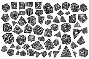 Dungeons and dragon dice set with "Put your fate in your hands. Take a chance. Roll the dice" in script tattoo idea