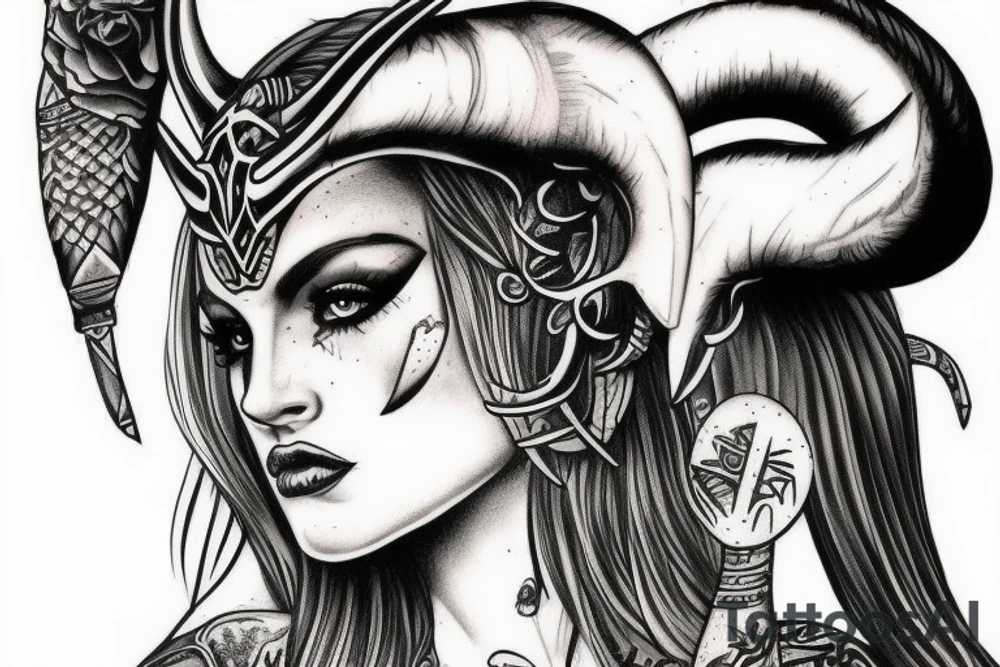 beautiful woman valkyrie with ram's horns tattoo idea