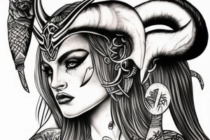 beautiful woman valkyrie with ram's horns tattoo idea