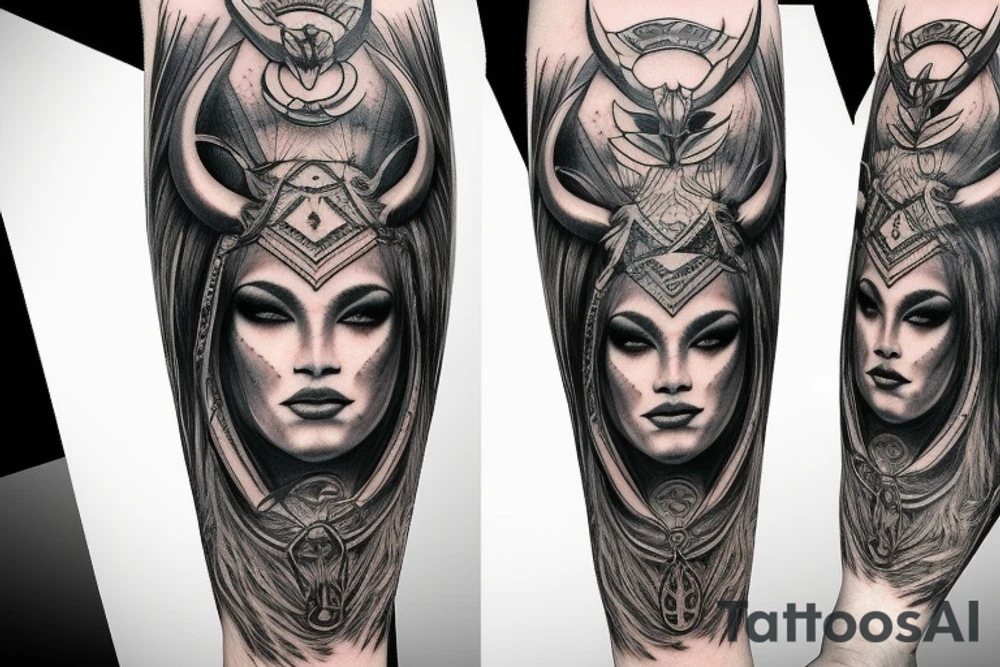 beautiful woman valkyrie with ram's horns tattoo idea