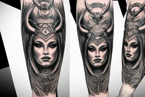 beautiful woman valkyrie with ram's horns tattoo idea