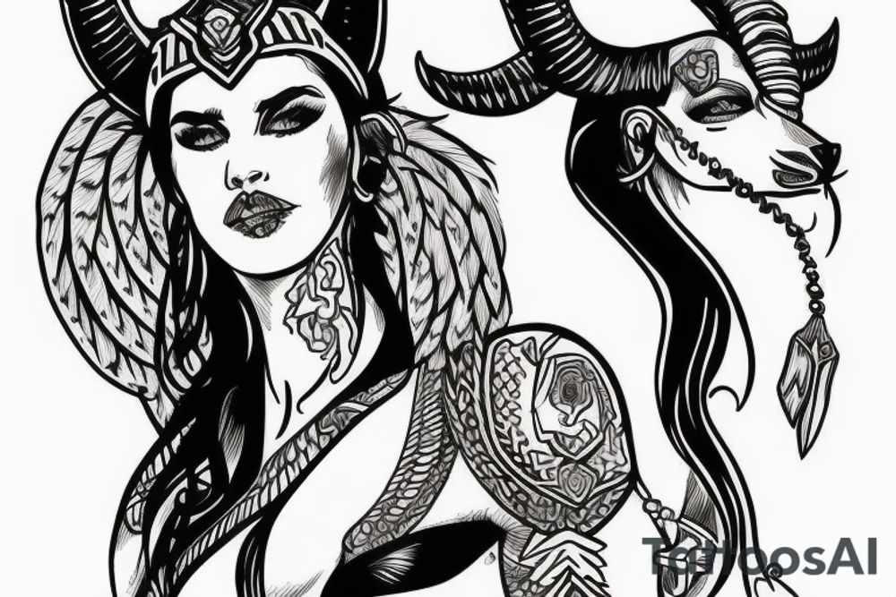 Beautiful woman valkyrie with ram's horns tattoo idea