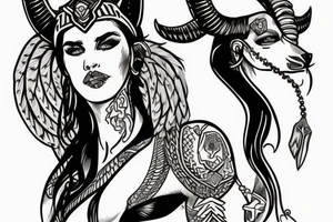 Beautiful woman valkyrie with ram's horns tattoo idea