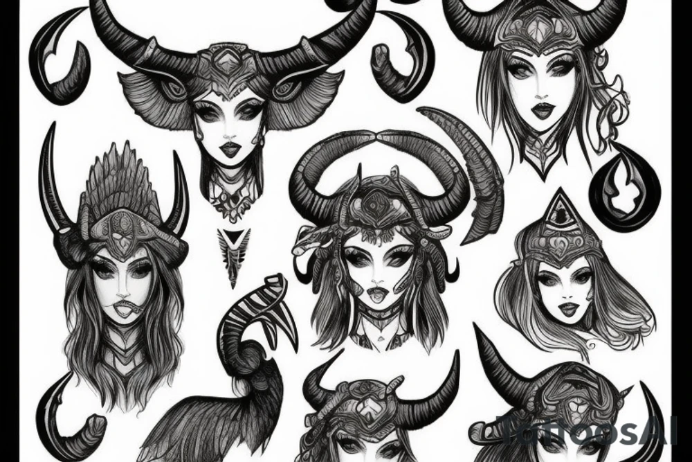 Beautiful woman valkyrie with ram's horns tattoo idea