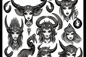Beautiful woman valkyrie with ram's horns tattoo idea