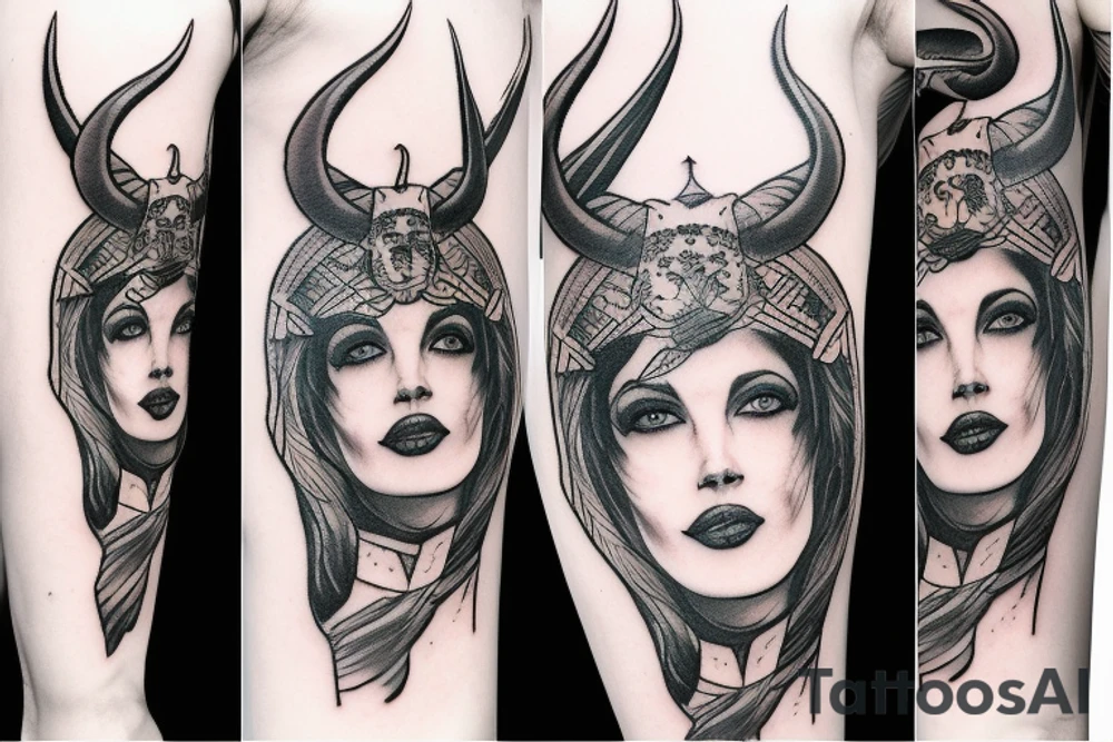 Beautiful woman valkyrie with ram's horns tattoo idea
