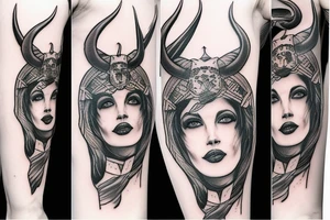Beautiful woman valkyrie with ram's horns tattoo idea