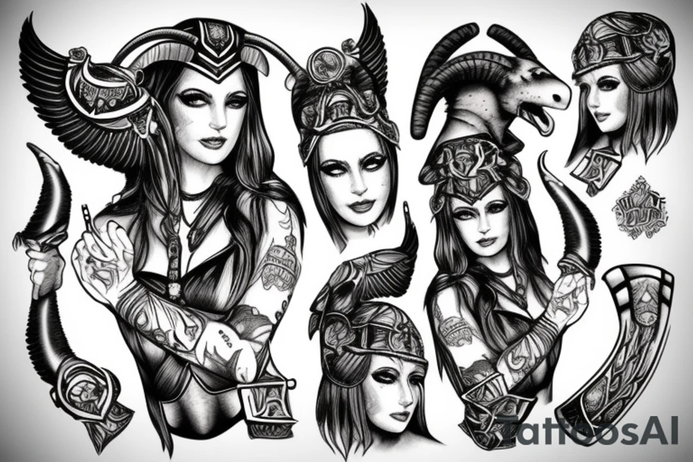 Beautiful woman valkyrie with ram's horns tattoo idea