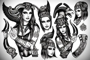 Beautiful woman valkyrie with ram's horns tattoo idea