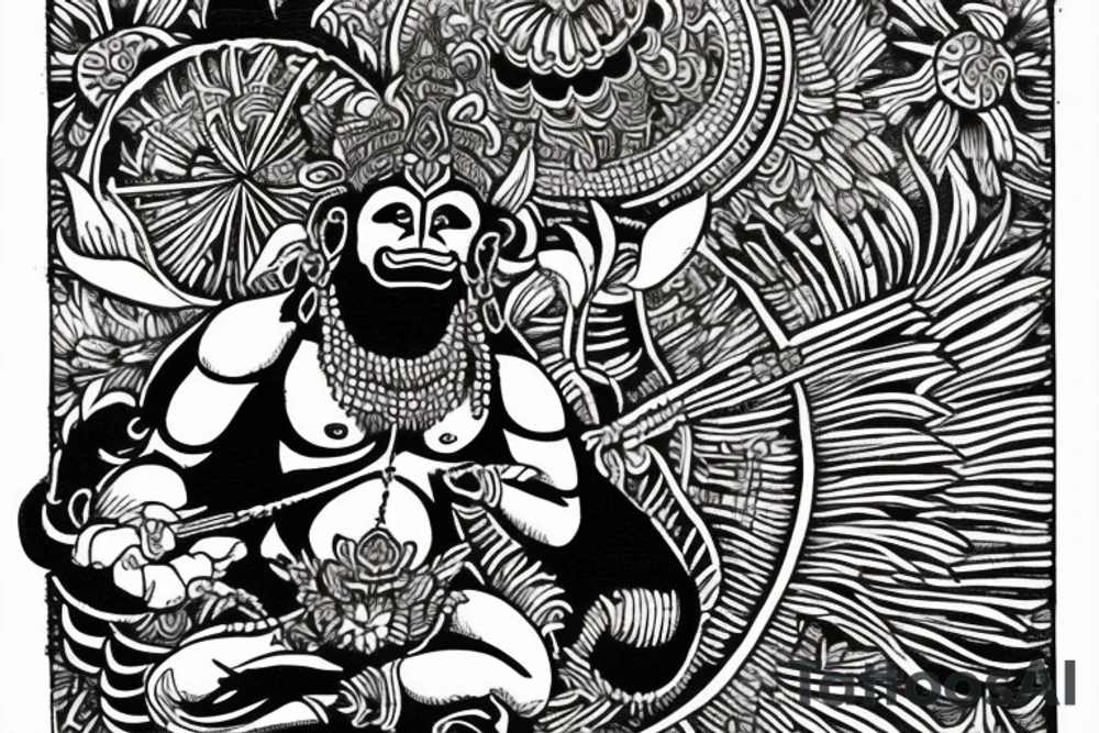 hanuman attacking in front of frangipanis and mandala tattoo idea