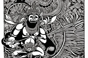 hanuman attacking in front of frangipanis and mandala tattoo idea
