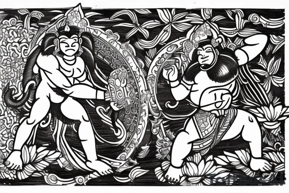 hanuman attacking in front of frangipanis and mandala tattoo idea