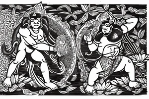 hanuman attacking in front of frangipanis and mandala tattoo idea