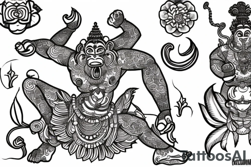hanuman attacking in front of frangipanis and mandala tattoo idea