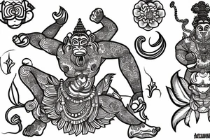 hanuman attacking in front of frangipanis and mandala tattoo idea
