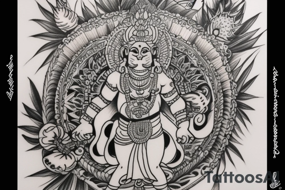 hanuman attacking in front of frangipanis and mandala tattoo idea