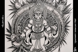 hanuman attacking in front of frangipanis and mandala tattoo idea