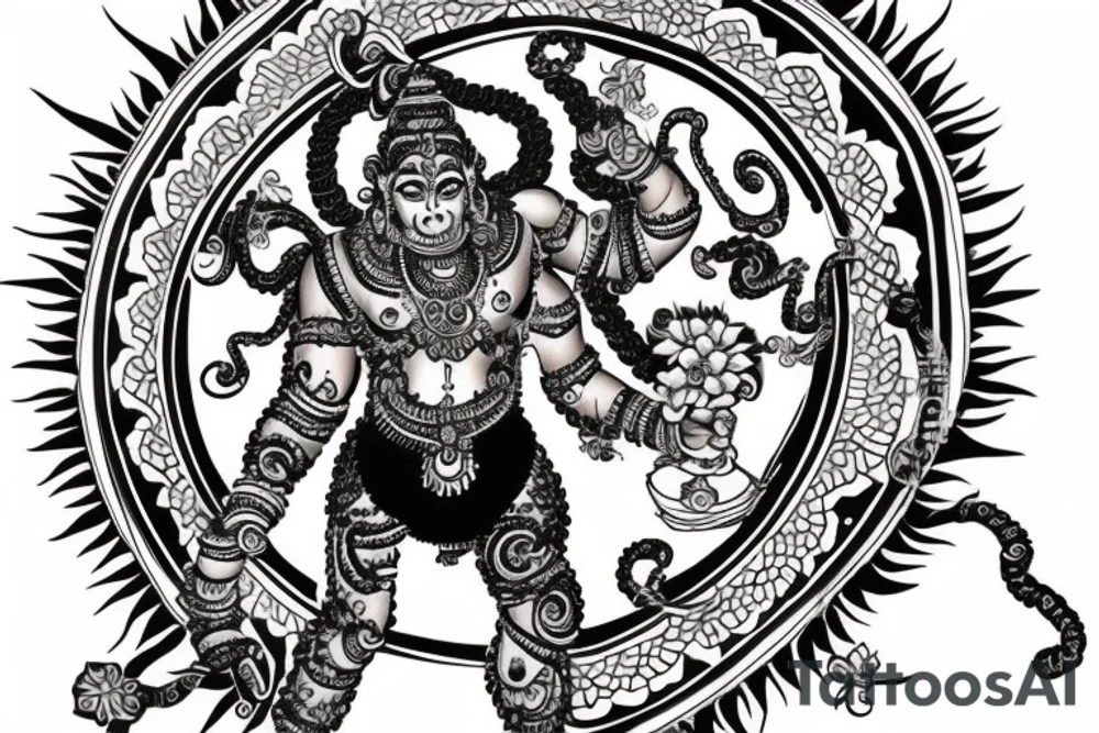 hanuman attacking in front of frangipanis and mandala tattoo idea