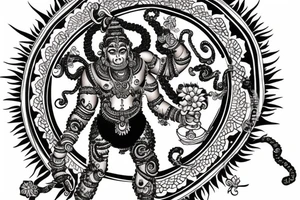 hanuman attacking in front of frangipanis and mandala tattoo idea