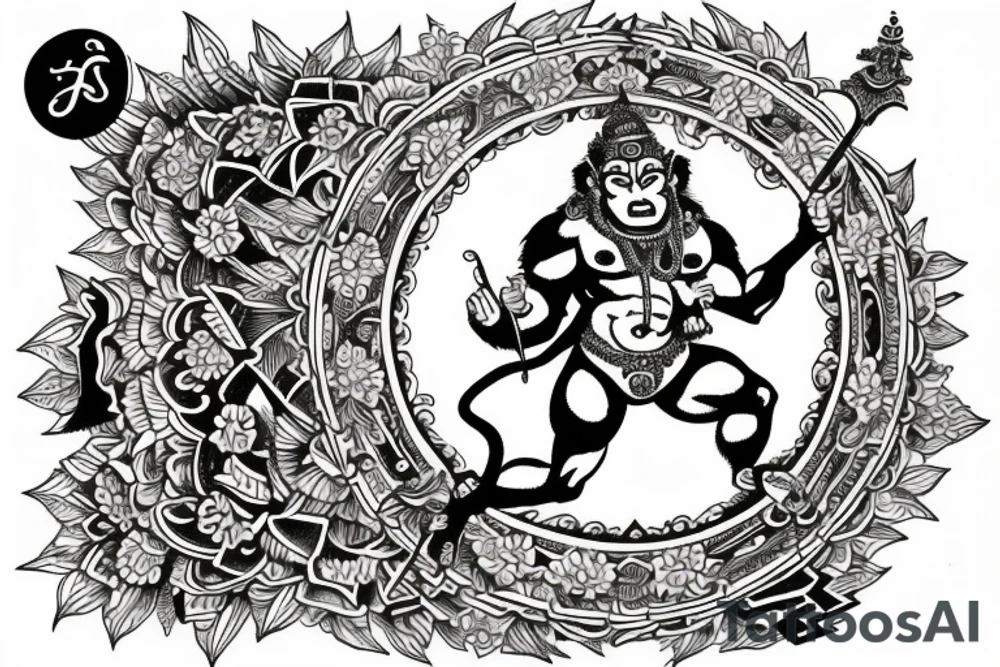 hanuman attacking in front of frangipanis and mandala tattoo idea