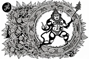 hanuman attacking in front of frangipanis and mandala tattoo idea